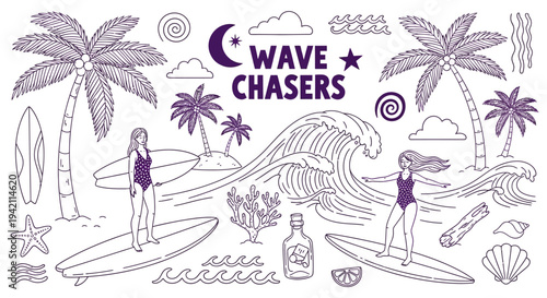 Serene Surfing Scene with Surfers Palm Trees and Ocean Waves on a Tropical Beach