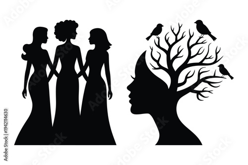 Three women holding hands and woman with tree hair