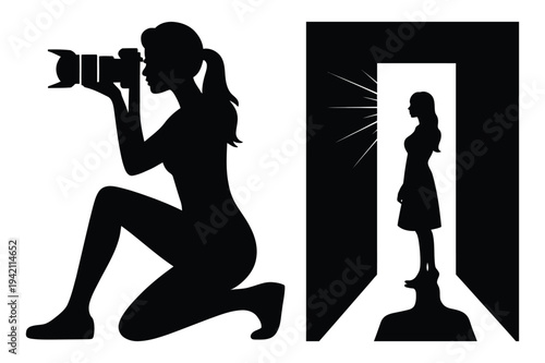 Photographer kneeling and woman in doorway