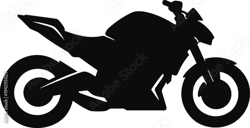 Minimal vector silhouette, motorcycle side view street bike, solid black, isolated on white background