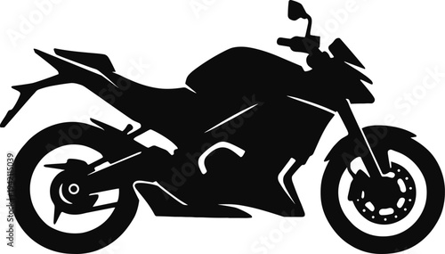 Minimal vector silhouette, motorcycle side view street bike, solid black, isolated on white background