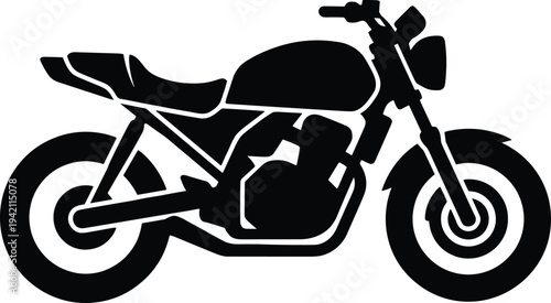 Minimal vector silhouette, motorcycle side view street bike, solid black, isolated on white background