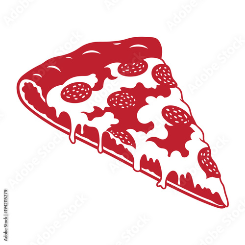 A red slice of pepperoni pizza with melted cheese isolated on white background