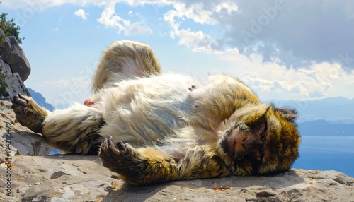 Barbary macaque monkey basking in the sun on the Rock of Gibraltar with ocean backdrop
