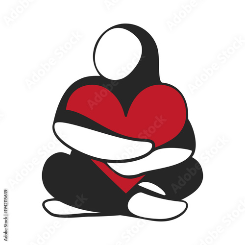 Abstract style person sitting down hugging a large heart for self care or body positive concept in vector
