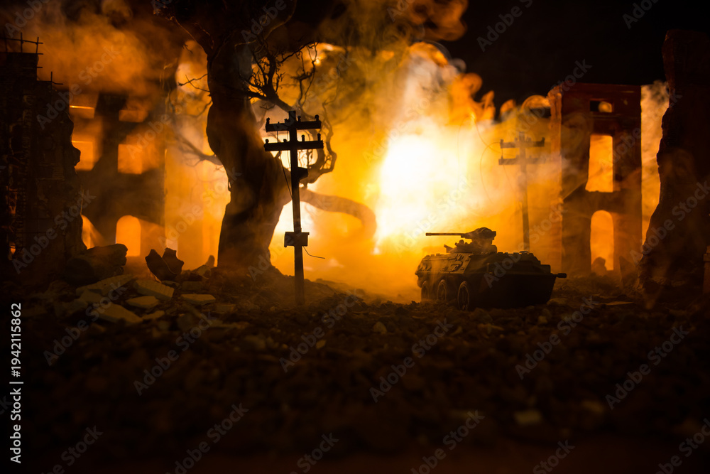Fototapeta premium War Concept. Military silhouettes fighting scene on war fog sky background, World War Soldiers Silhouette Below Cloudy Skyline At night. Battle in ruined city.