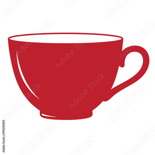 Red ceramic tea cup with handle on right side isolated on white background