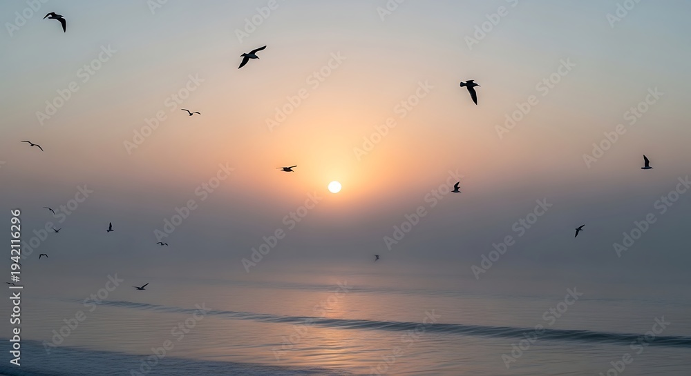 Fototapeta premium Seagulls flying over serene ocean sunset.
