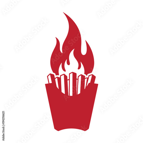 Red french fries in a bucket on fire isolated on white background