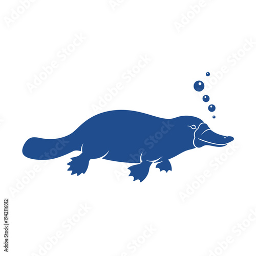 Blue platypus swimming underwater with bubbles, isolated on white background.