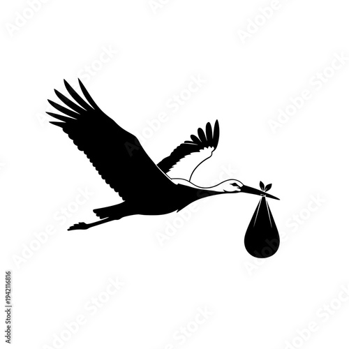 Silhouette of a stork carrying a baby in a bag, representing birth and new beginnings.