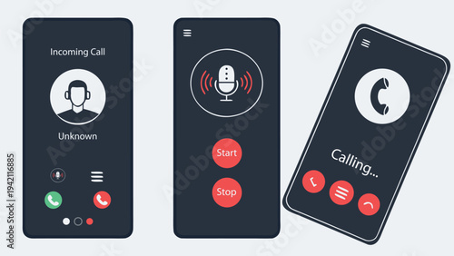 Smartphone Call Interface UI Mockup Set, Modern Mobile Phone Calling Screen Vector Template