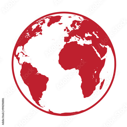 Red globe illustration with white continents and Africa Americas Europe Asia Australia map  world globe symbol