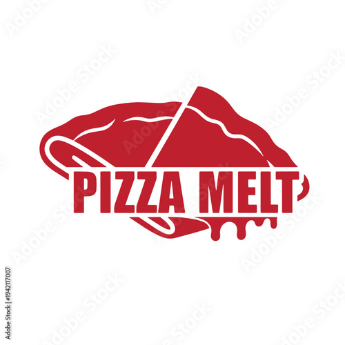 Red pizza melt logo with slice and melted cheese effect on white background
