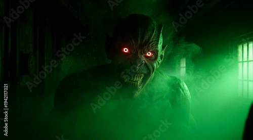 Creepy ghostly apparition with glowing red eyes in green misty smoke haunted house setting ghost apparition