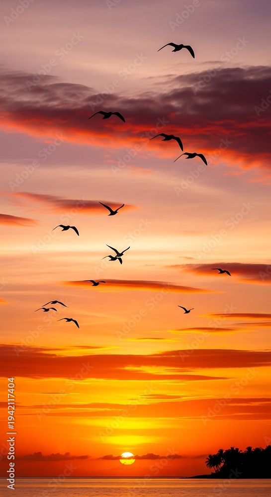 Fototapeta premium Birds flying over sunset landscape sea.