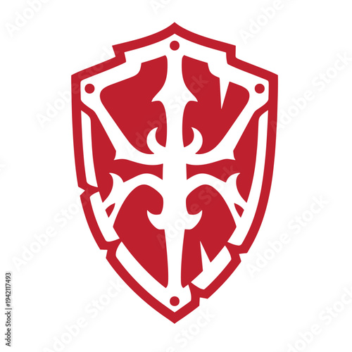 Red shield with white cross and pointed bottom graphic symbol icon emblem crest heraldry design element isolated on white background
