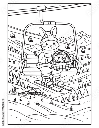 Adorable easter bunny ski lift adventure coloring page with mountain scenery