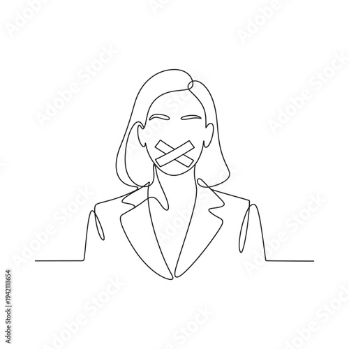 A single line drawing of a woman with medical tape over her mouth