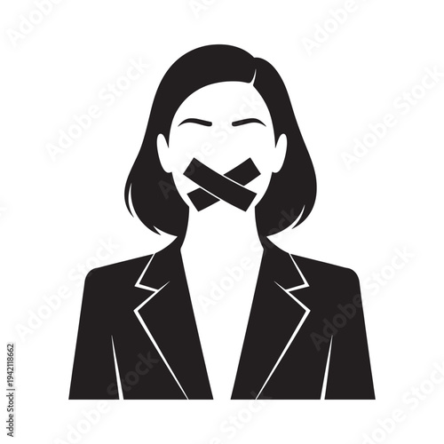 Silenced woman in a suit with tape over her mouth a stark illustration