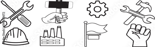 Collection of line art icons depicting various industrial tools and construction equipment.