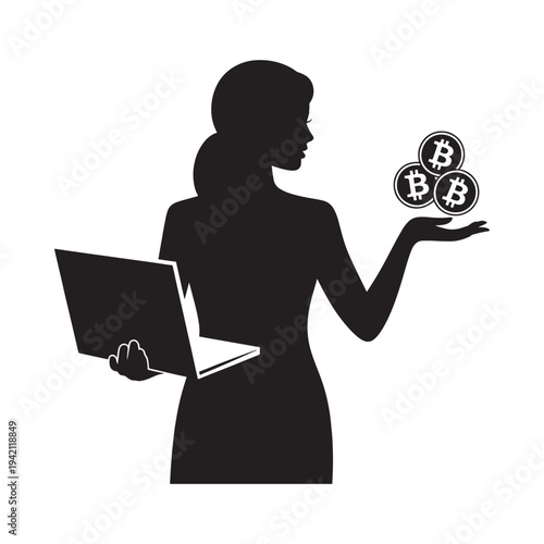 Woman with laptop contemplates digital currency and financial investment choices