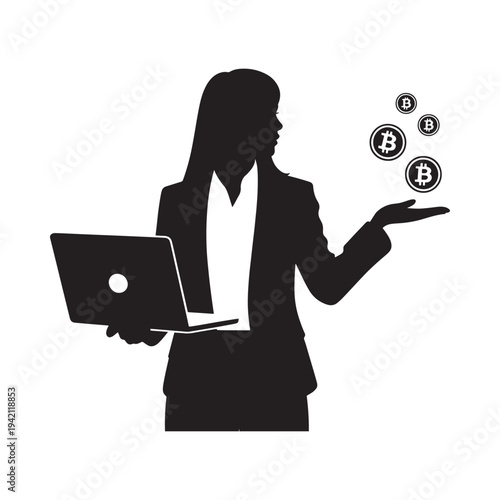 Woman using laptop with bitcoin symbols floating around her hand