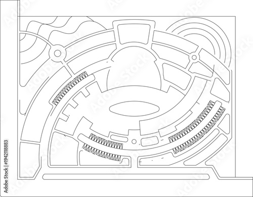 Technical landscape architectural plan showing geometric semi-circular design with curved pathways, hatched seating or planting areas and radial pattern layout.