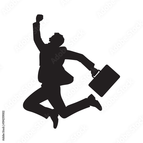 Silhouette of a businessman joyfully jumping with a briefcase in hand