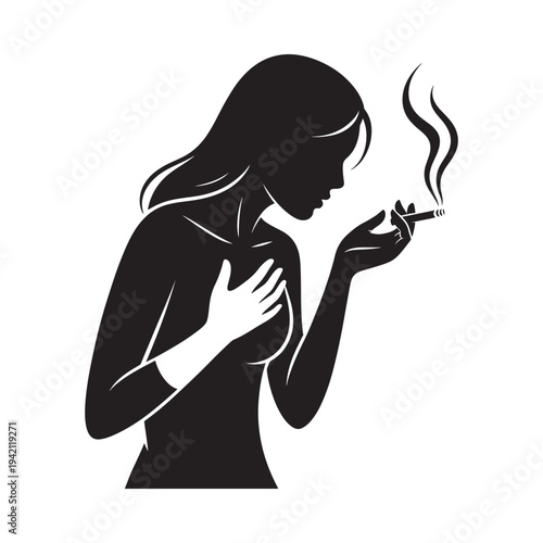 Silhouette of a woman smoking a cigarette hand on chest