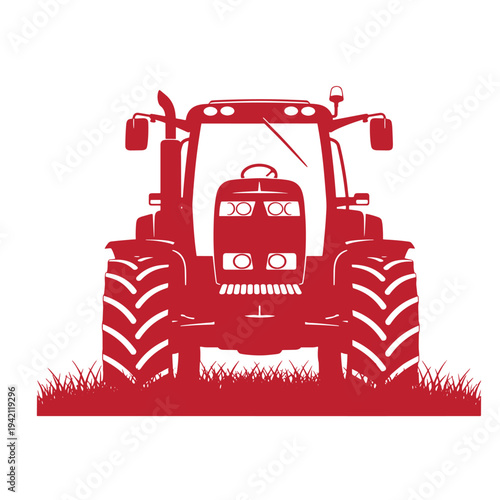 Red tractor silhouette on grass  agricultural vehicle illustration