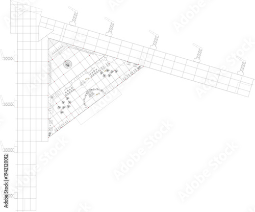 Technical landscape architectural site plan showing a triangular plot with grid overlay, bordering roads with street lights and internal landscaping features.