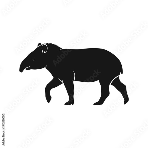 Silhouette of a walking tapir in black and white, side view.