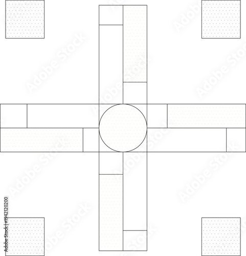 Technical landscape architectural plan showing geometric plaza design with central circular element, cross-shaped pathways and corner planting areas with hatched patterns.