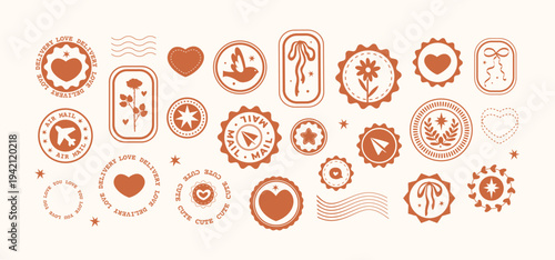 Large, cute collection of various vintage stamps with flowers, hearts, inscriptions in brown. Perfect for digital scrapbooking, journaling, planners, stickers, packaging, letters.