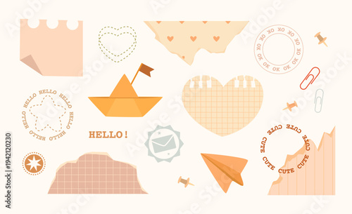 Cute scrapbook set with stamps, pieces of paper of different textures, heart, sticker, origami ship in delicate pastel colours. Perfect for digital scrapbooking, journaling, planner