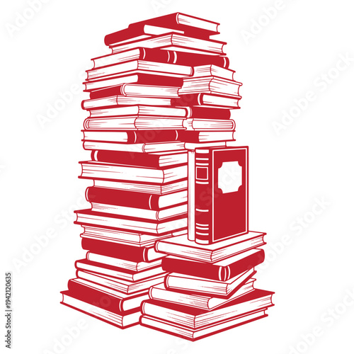 A large stack of red and white books stacked haphazardly on top of each other in a precarious tower