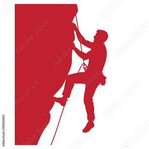 man climbing a rock wall with rope and harness in silhouette on white background