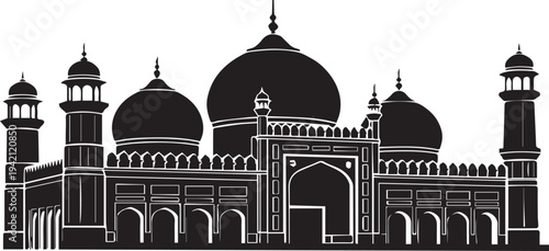 Badshahi Mosque Black Silhouette Vector Lahore Mughal Islamic Landmark