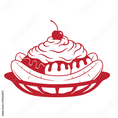 Red banana split with whipped cream and cherry on top isolated on white background