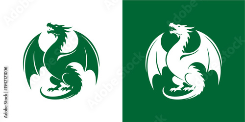 A compelling pair of stylized dragon logos, expertly rendered with a powerful mythical creature featuring spread wings and a fierce profile. The clean graphic design shows a green dragon on white and 