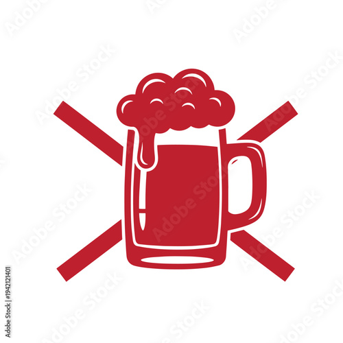 Red beer mug with foam and crossed lines symbol isolated on white background