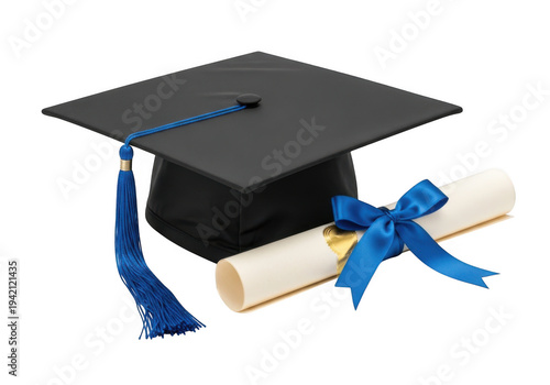 Graduation cap and diploma with blue ribbon isolated on transparent background