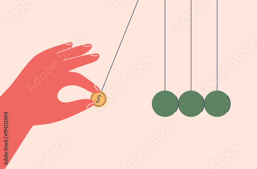 Human hand sets a pendulum in motion with a coin. Concept of new business, start up, investments, innovations, and ideas. vector illustration