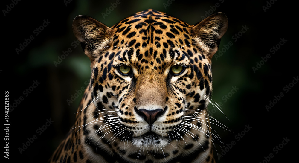 Obraz premium A majestic leopard gazing intensely into the camera lens with a dark background.