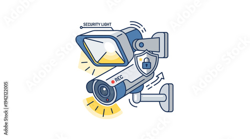 Flat vector outline illustration of a CCTV camera pointing downward with security light, surveillance and safety concept, clean outline style, 