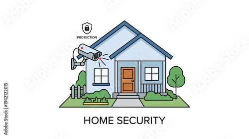 Minimal outline vector of a CCTV camera watching a small building, concept of surveillance and monitoring, simple flat shapes, limited solid colors, isolated on white background, commercial use