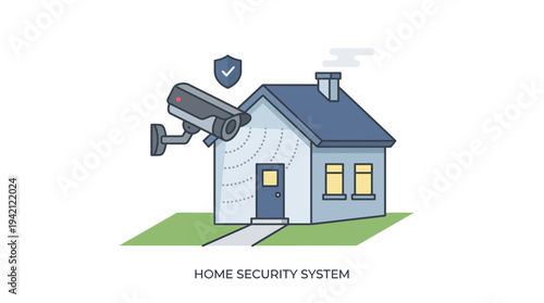 Flat vector outline illustration of a CCTV camera protecting a house, home security concept, simple flat shapes, clean lines, limited colors, isolated on white background, stock vector, EPS style