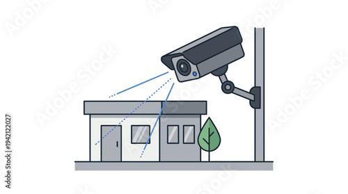 Minimal outline vector of a CCTV camera watching a small building, concept of surveillance and monitoring, simple flat shapes, limited solid colors, isolated on white background, commercial use