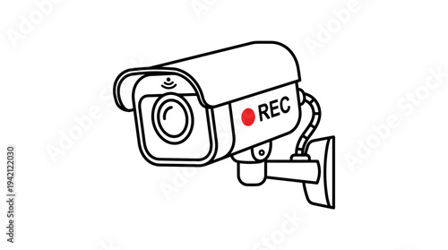 Minimal outline vector of a CCTV camera with recording indicator, security recording concept, simple line illustration, solid colors only, isolated on white background, commercial use, stock vector.